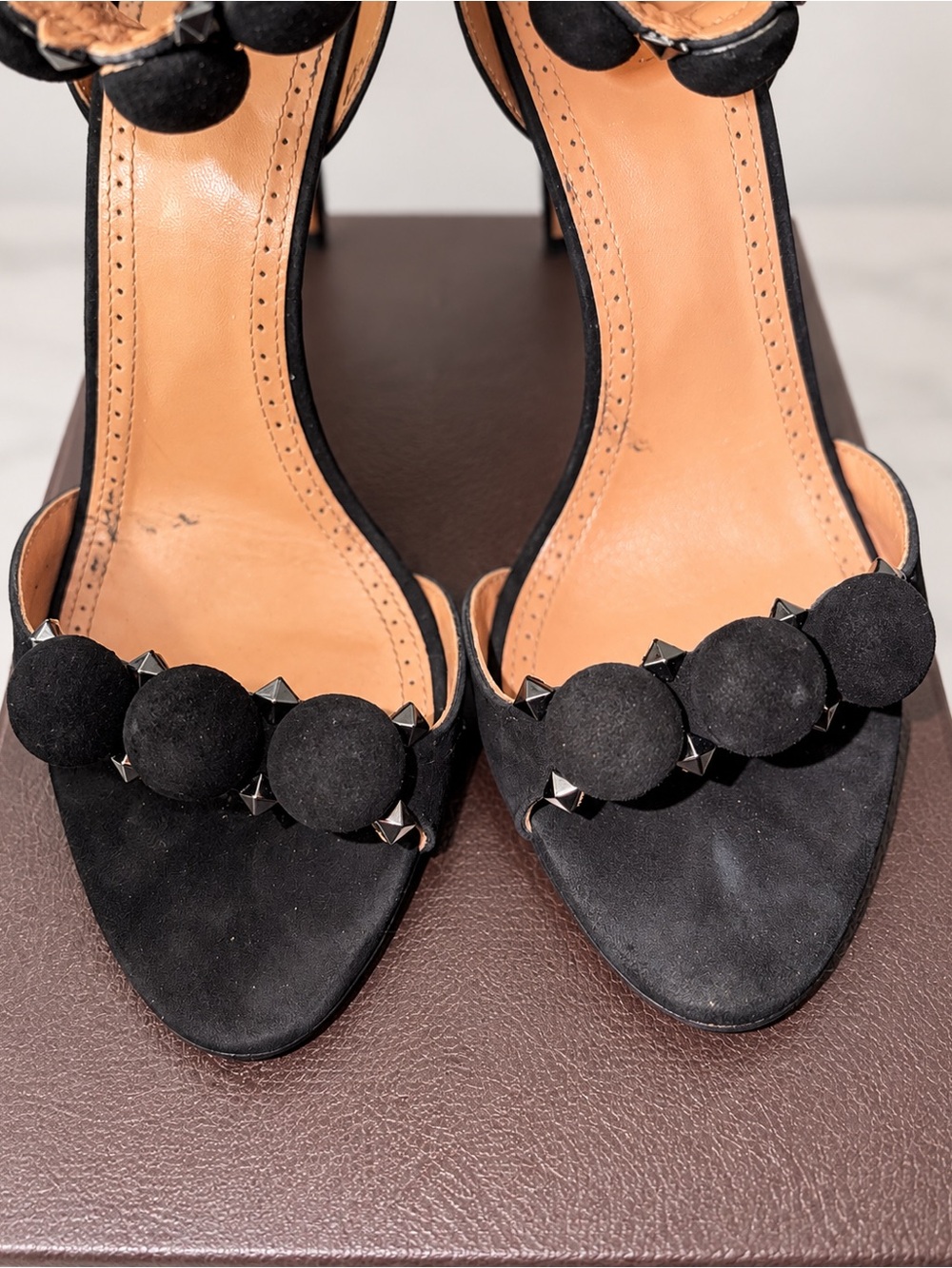 Alaïa Black Suede Pom-Pom Studded Open-Toe Heels